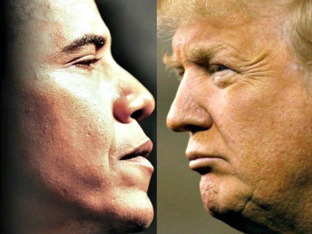 Đương kim Tổng thống Mỹ Barack Obama và ứng cử viên Tổng thống Mỹ Donald Trump.<br>