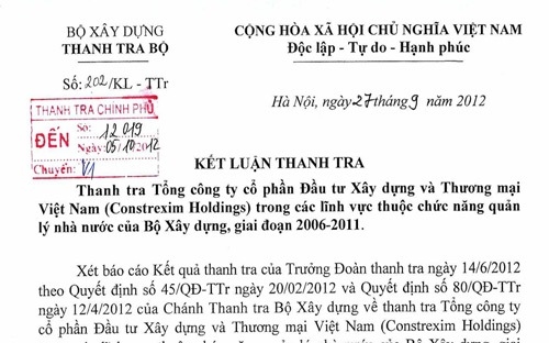 <span id="div" class="fl w100 mt10 span-detailimages relative">Kết luận của Thanh tra Bộ Xây dựng cho thấy, Costrexim Holdings đã làm trái nhiều quy định của Nhà nước.</span>