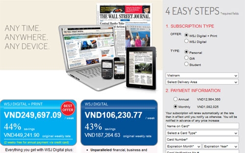 Cửa sổ thanh toán dành cho thị trường Việt Nam của Wall Street Journal phiên bản online.