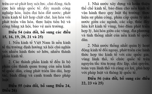 Theo dự thảo sửa đổi Hiến pháp năm 1992, các thành phần kinh tế đều là bộ phận cấu thành quan trọng của nền 
kinh tế quốc dân, cùng phát triển lâu dài, hợp tác, bình đẳng và cạnh 
tranh theo pháp luật. 