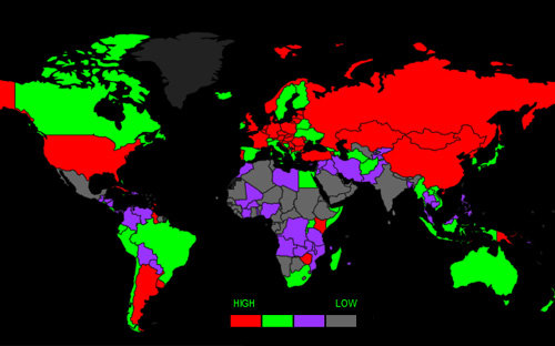 Bản đồ tỷ lệ tử vong vì ung thư trên thế giới. Các nước màu đỏ có số ca tử vong cao nhất, màu xám là thấp nhất.<br>