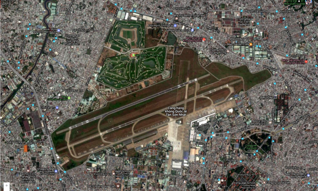 Vị trí sân golf trong sân bay Tân Sơn Nhất trên bản đồ Google Map.<br>