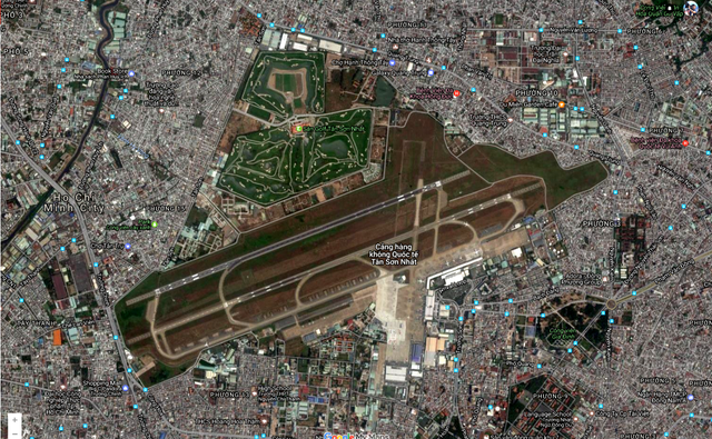 Vị trí sân golf trong sân bay Tân Sơn Nhất trên bản đồ Google Map.<br>