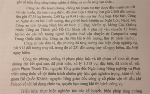 Báo cáo của Bộ trưởng Bộ Công an Trần Đại Quang đánh giá công tác phòng 
chống vi phạm pháp luật và tội phạm về kinh tế, tham nhũng đã đạt kết 
quả cao.