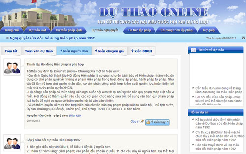Giao diện website dự thảo online của Quốc hội - một trong những kênh thu nhận ý kiến nhân dân về dự thảo sửa đổi Hiến pháp năm 1992.<br>