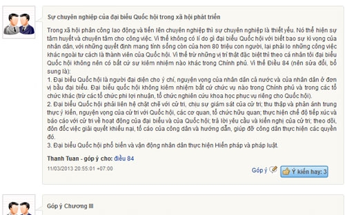 Trang web lấy ý kiến về sửa Hiến pháp trong hơn hai tháng qua đã và đang ghi nhận 
không ít ý kiến về chính những quy định liên quan đến các vị đại diện 
cho dân khi Hiến pháp được sửa đổi.