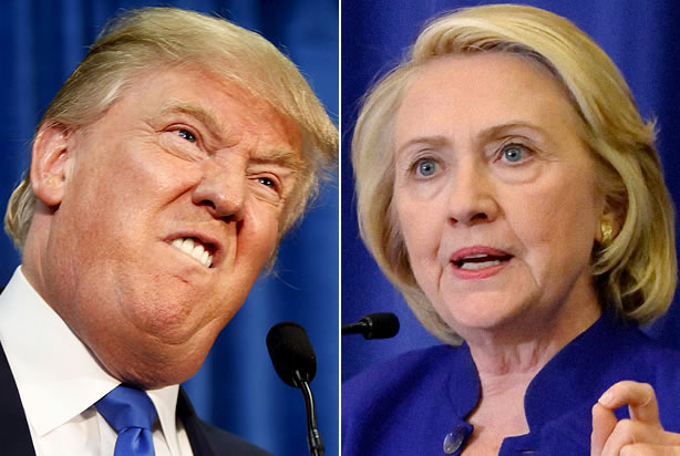 Ông Donald Trump (trái), ứng cử viên của Đảng Cộng hòa, và bà Hillary Clinton, ứng cử viên của Đảng Dân chủ, trong cuộc bầu cử Tổng thống Mỹ năm 2016 - Ảnh: Salon.<br>