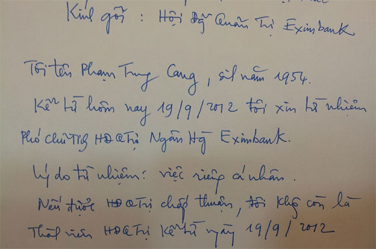 Một phần lá đơn từ nhiệm của Phó chủ tịch Eximbank Phạm Trung Cang.