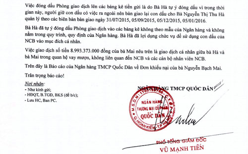 Khẳng định đây là giao dịch cá nhân và không liên quan đến ngân hàng, trong báo cáo của NCB gửi Cơ quan Thanh tra giám sát.<br>