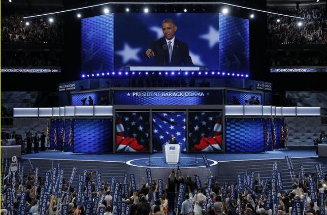 Tổng thống Mỹ Barack Obama phát biểu tại đại hội Đảng Dân chủ ngày 27/7 - Ảnh: Reuters.<br>