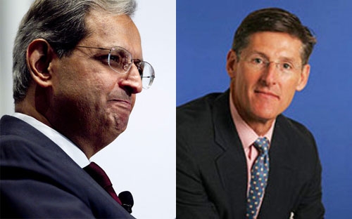 Ông Vikram Pandit (trái), người vừa từ chức CEO Citigroup, và ông Mike Corbat, người vừa được bổ nhiệm vào vị trí mà ông Pandit để lại - Ảnh: Bloomberg.<br>
