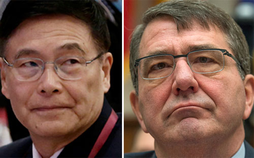 Đô đốc Trung Quốc Sun Jianguo (trái) và Bộ trưởng Bộ Quốc phòng Mỹ Ash Carter (phải) - Ảnh: SCMP.<br>
