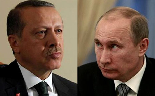 Tổng thống Thổ Nhĩ Kỳ Tayyip Erdogan (trái) và Tổng thống Nga Vladimir Putin.<br>