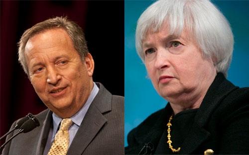 Ông Lawrence Summers (trái), người vừa rút lui khỏi cuộc đua vào ghế Chủ tịch FED, và bà Janet Yellen, ứng cử viên hàng đầu hiện nay.<br>