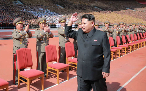 Nhà lãnh đạo Triều Tiên Kim Jong Un tại lễ kỷ niệm 70 năm ngày thành lập Đảng Lao động cầm quyền tại Bình Nhưỡng, năm 2015 - Ảnh: Xinhua/Getty/Bloomberg.<br>