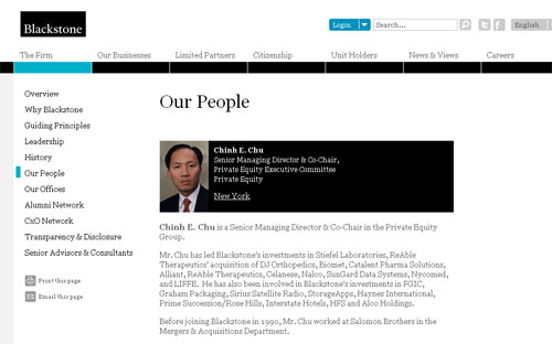 Giới thiệu về ông Chinh E. Chu trên website của Blackstone - Ảnh chụp từ màn hình.<br>