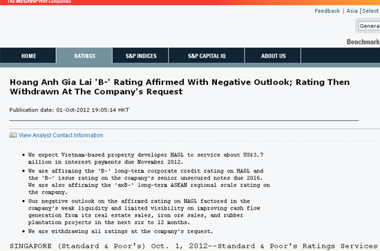 S&P cho biết, trước khi tổ chức này rút lại đánh giá tín nhiệm đối với Hoàng Anh Gia Lai, thì hồ sơ rủi ro kinh doanh của Hoàng Anh Gia Lai là ở cấp độ ‘dễ bị tổn thương’ và hồ sơ rủi ro tài chính là ở cấp độ ‘vay nợ cao’.