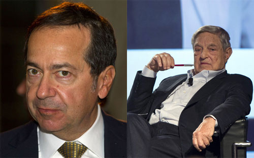 Tỷ phú John Paulson (trái) và George Soros - Ảnh: Bloomberg.<br>