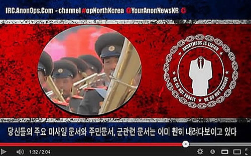 Ảnh chụp clip tuyên bố của tin tặc Anonymous trên YouTube, trong đó cho biết nhóm này sẽ sớm công khai tài liệu tên lửa của Triều Tiên - Ảnh: Yonhap.<br>