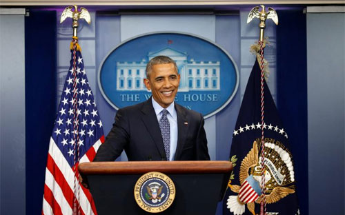 Tổng thống sắp mãn nhiệm của Mỹ Barack Obama trong cuộc họp báo ngày 18/1 - Ảnh: Reuters.<br>