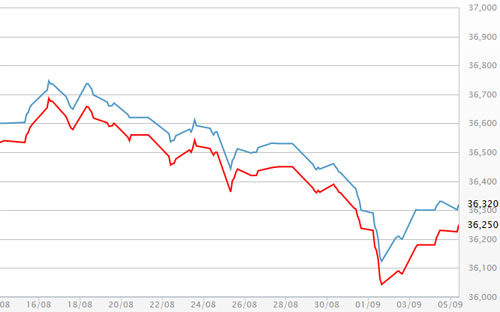 Diễn biến giá vàng SJC tại DOJI - Nguồn: DOJI.<br>