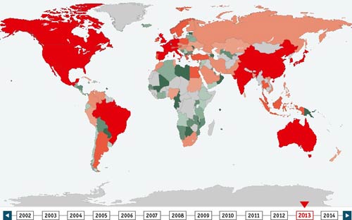 Bản đồ nợ công toàn cầu <i>- Ảnh: The Economist</i>.<br>