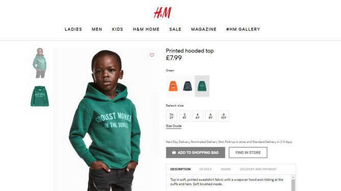 Bức ảnh xuất hiện trên trang web bán hàng trực tuyến tại Anh của H&M ngay lập tức bị vấp phải cáo buộc phân biệt chủng tộc từ người tiêu dùng tại nhiều quốc gia trên thế giới, trong đó có Nam Phi.