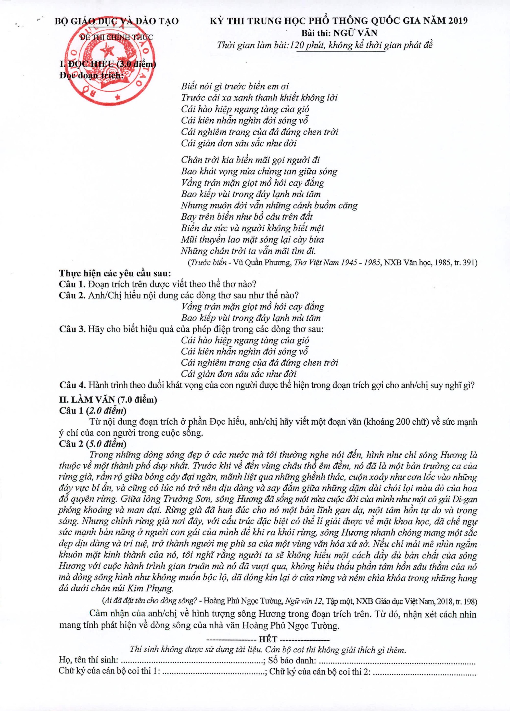 Bộ Giáo dục và Đào tạo công bố đáp án chính thức môn Ngữ văn - Ảnh 1.