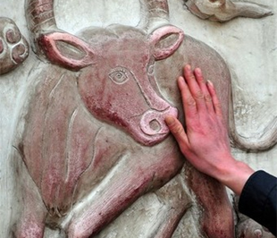 Áp tay lên phù điêu con trâu để cầu may mắn trong năm Kỷ Sửu, tại một ngôi đền ở thủ đô Bắc Kinh (Trung Quốc) - Ảnh: AFP.