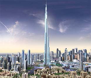 Hình ảnh dự kiến của tháp Burj Dubai, cao 2.684 foot (818,1m), sau khi hoàn thành.