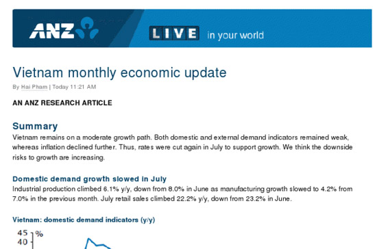 Báo cáo ra ngày 2/8 của ANZ nhận định, tốc độ tăng trưởng GDP của Việt Nam trong những tháng tới có thể được nâng cao.