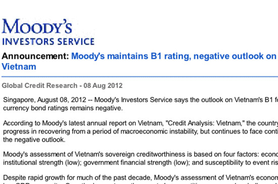 Theo đánh giá của Moody’s, Việt Nam đã đạt được nhiều tiến bộ trong quá trình hồi phục từ giai đoạn kinh tế vĩ mô nhiều bất ổn, nhưng tiếp tục đối mặt với những rủi ro dẫn tới mức triển vọng tín nhiệm 'tiêu cực'.
