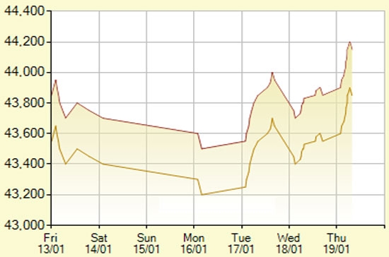 Diễn biến giá vàng SJC trong 7 phiên gần nhất, tính đến 11h hôm nay, 19/1/2012 (đơn vị: nghìn đồng/lượng) - Ảnh: SJC.