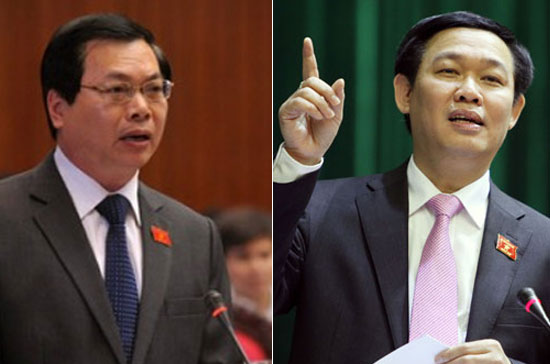 Bộ trưởng Bộ Công Thương Vũ Huy Hoàng (bên trái) và Bộ trưởng Bộ Tài chính Vương Đình Huệ.