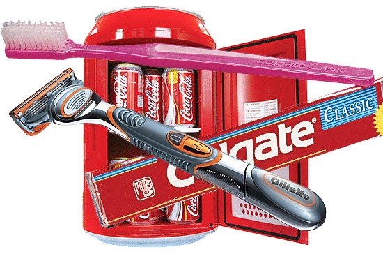 Tuy là những mặt hàng có giá khiêm tốn, đây đều là những sản phẩm có thương hiệu mạnh, như nước giải khát Coke, kem đánh răng Colgate hay dao cạo râu Gillette.