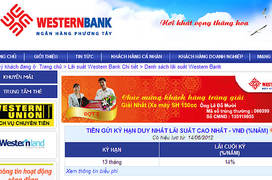 Sản phẩm "kỳ hạn duy nhất lãi suất cao nhất" của Western Bank có mức 14%/năm, cao nhất thị trường lúc này.