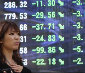 Các bảng điện tử của thị trường chứng khoán châu Á đầy những mũi tên chỉ xuống.