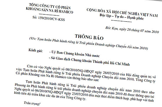Công ty Cổ phần Khoáng sản Narì Hamico (mã KSS-HOSE) thông báo tạm hoãn phát hành trái phiếu riêng lẻ - kế hoạch mà trước đó gặp sự phản ứng của nhiều cổ đông.