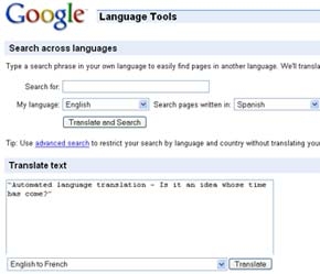 Giao diện trang dịch thuật tự động của Google.