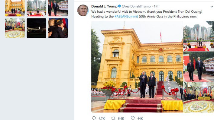 Tổng thống Donald Trump cảm ơn Chủ tịch Trần Đại Quang trên Twitter - Ảnh chụp màn hình.