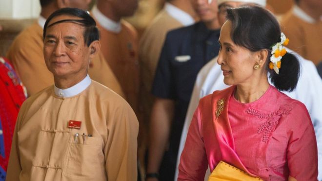 Tân Tổng thống Myanmar Win Myint (trái) và nhà lãnh đạo Aung San Suu Kyi - Ảnh: Reuters/BBC.