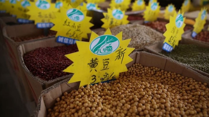 Đậu tương bày bán trong một chợ bán buôn ở Bắc Kinh hôm 31/7 - Ảnh: EPA/SCMP.