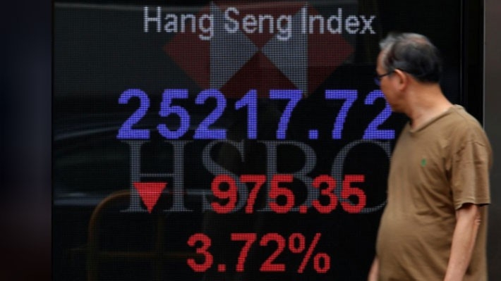 Một người đàn ông đi qua một bảng hiển thị chỉ số Hang Seng của thị trường chứng khoán Hồng Kông ở Hồng Kông, sáng 11/10 - Ảnh: Reuters.