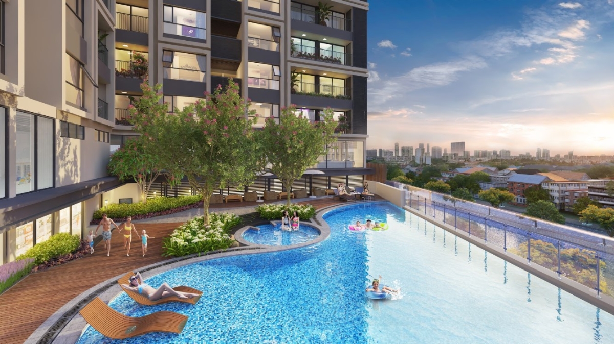 Mỗi toà tháp của Hinode City đều được trang bị bể bơi ngoài trời.