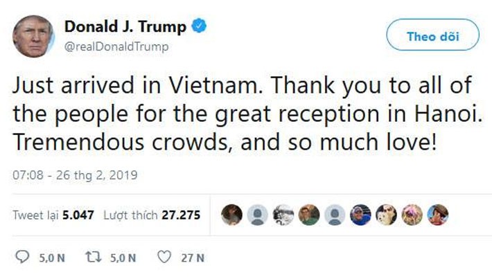Vừa đến Hà Nội, ông Trump đăng tweet cảm ơn Việt Nam - Ảnh 1.