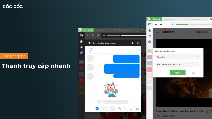 Thanh truy cập nhanh giúp người dùng chat facebook khi đang trên trang web khác, và ghim các trang web yêu thích để tiện truy cập.