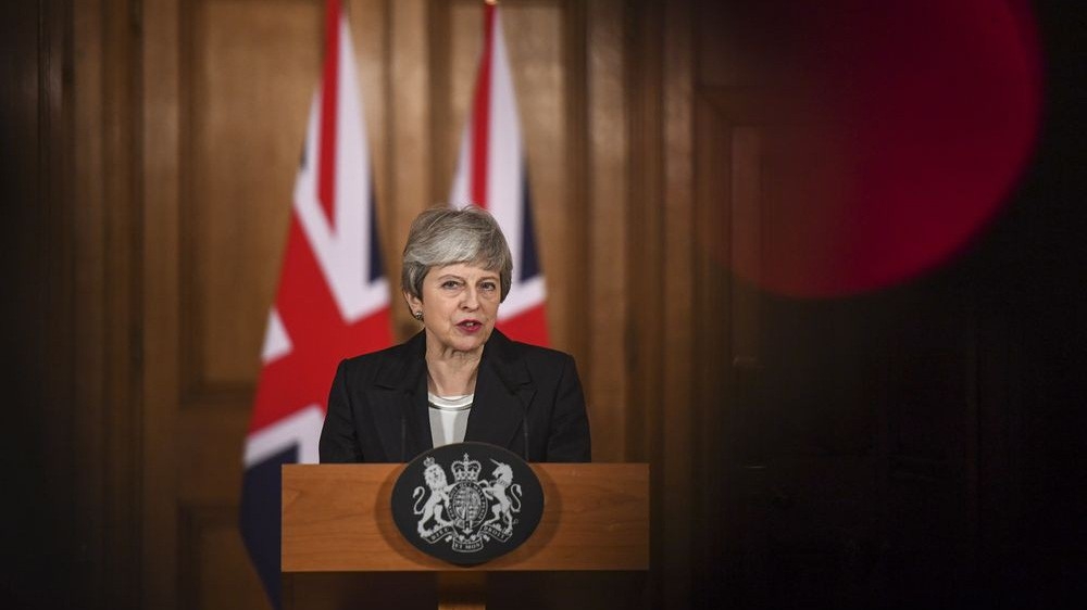 Thủ tướng Anh Theresa May trong bài phát biểu ngày 20/3 - Ảnh: Bloomberg.