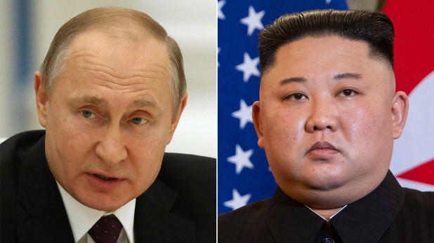 Tổng thống Nga Vladimir Putin (trái) và Chủ tịch Triều Tiên Kim Jong Un.