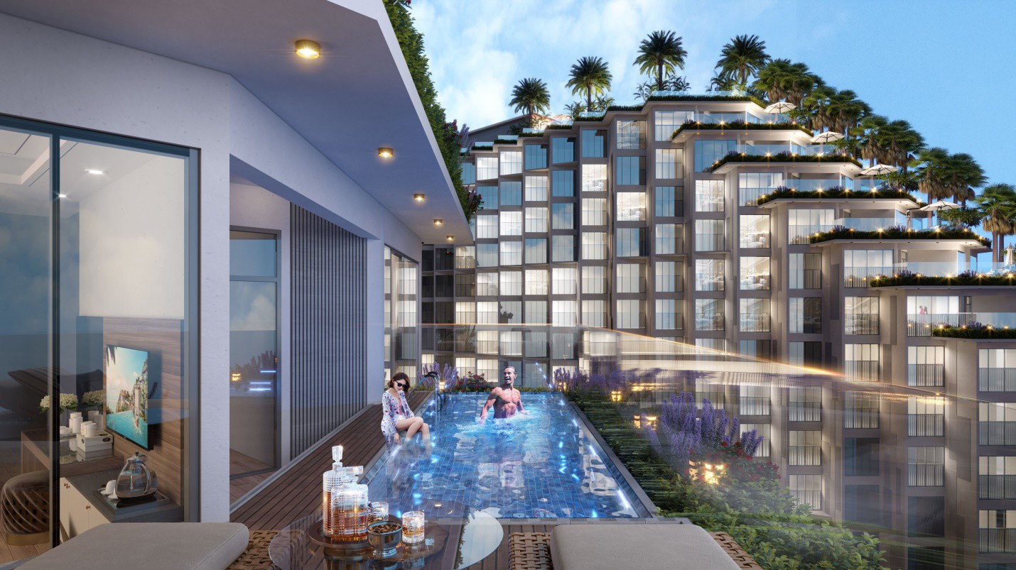 Cận cảnh một căn condotel trong Bộ sưu tập phòng VIP tại Apec Mandala Wyndham Mũi Né sở hữu bể bơi và sân vườn ngay trong căn hộ.