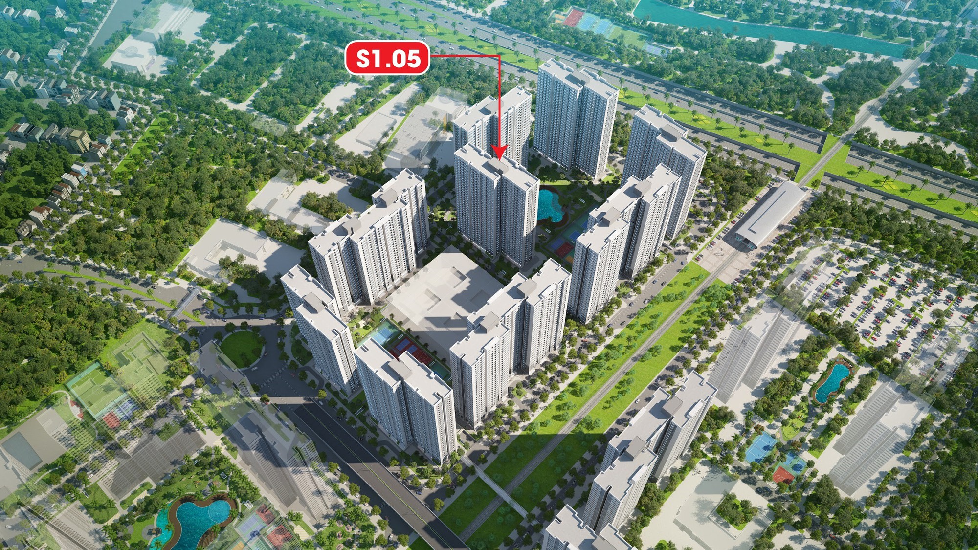 Tòa S1.05 được thiết kế cao 34 tầng, là tòa có mật độ xây dựng rất tốt với chỉ 19 căn mỗi sàn trong khi các tòa khác duy trì mật độ 30 căn/sàn. 
